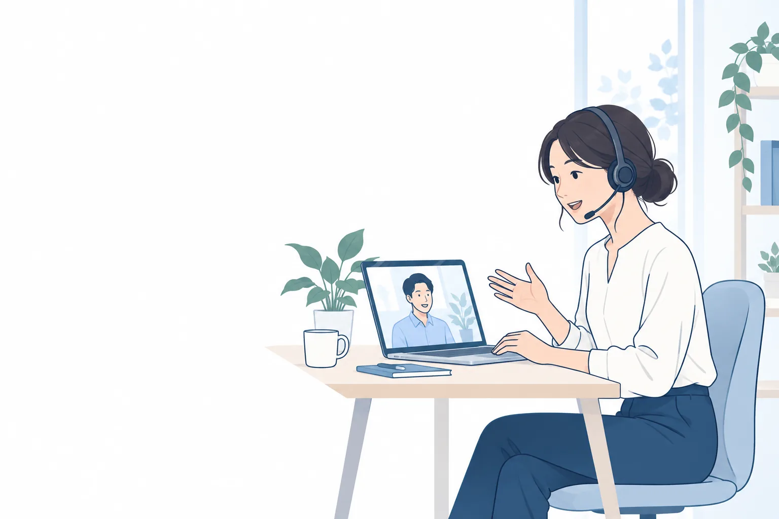 パソコンでオンライン相談をする人物のイラスト