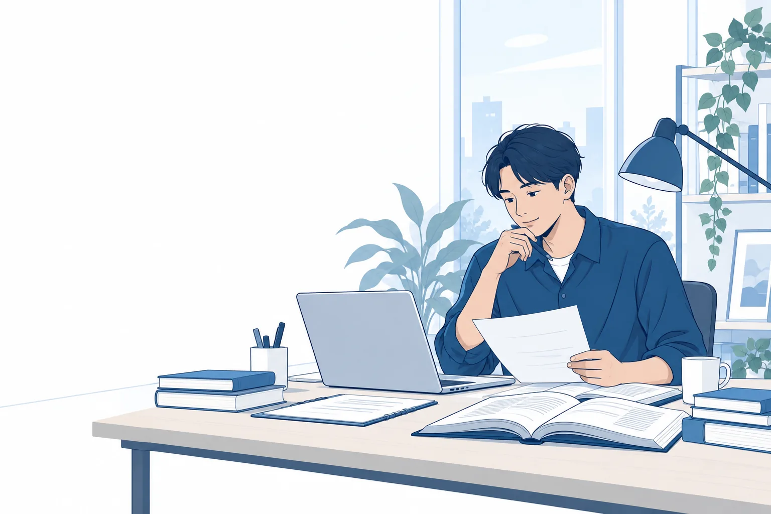 資料とパソコンを見比べ、記事の情報を調べる人物のイラスト