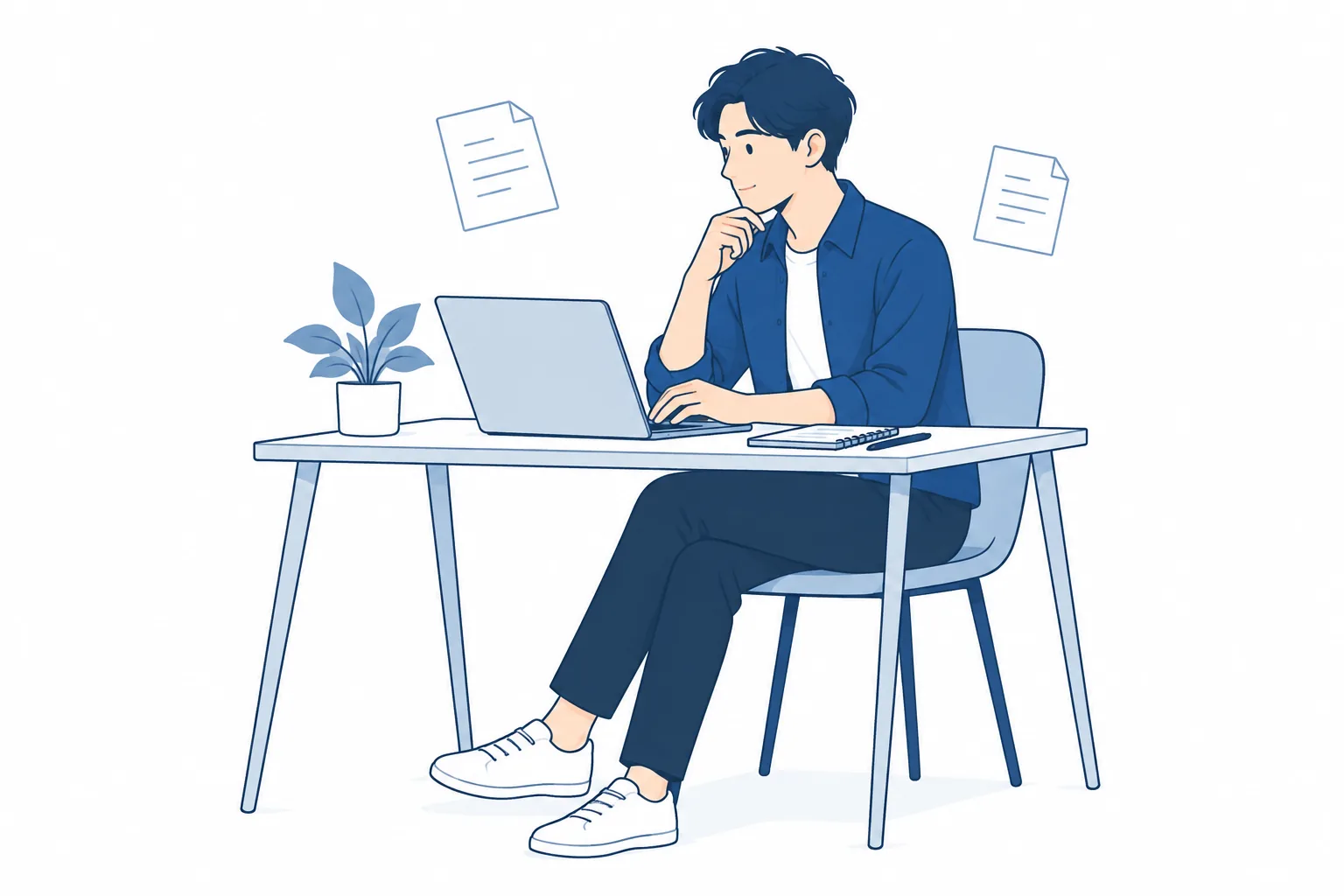 デスクでパソコンに向かい、記事を執筆する人物のイラスト